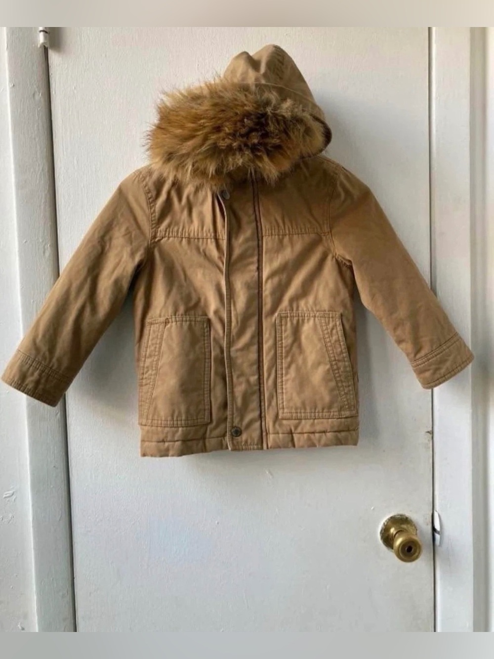 GAP Kids Hooded Puffer Jacket in Tan with Faux Fur Trim